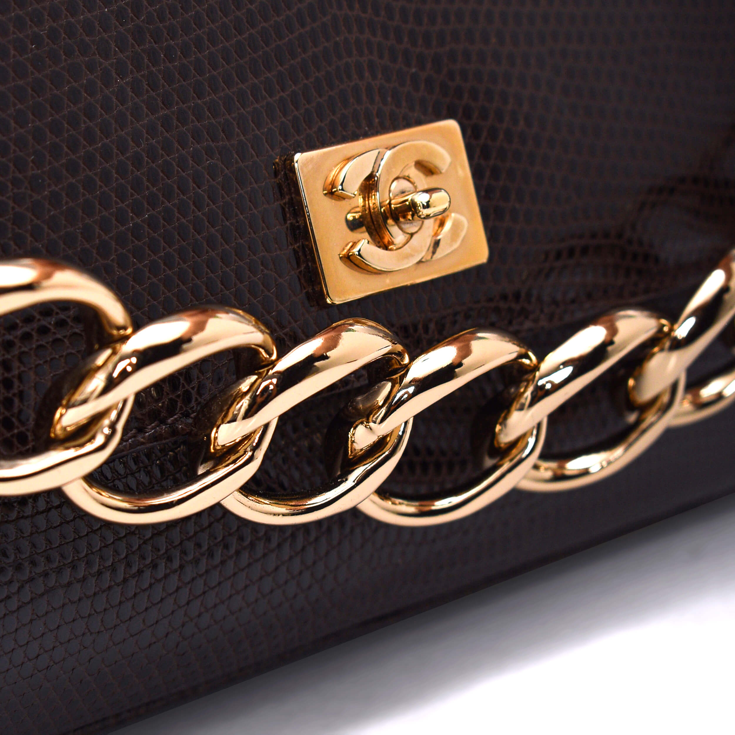 Chanel - Brown Exotic Leather Gold Chain Baguette Bag